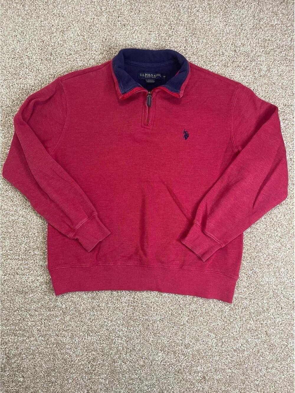 US Polo Assn Sweater Mens Size M Red  1/4 Zip Pony Logo Preppy